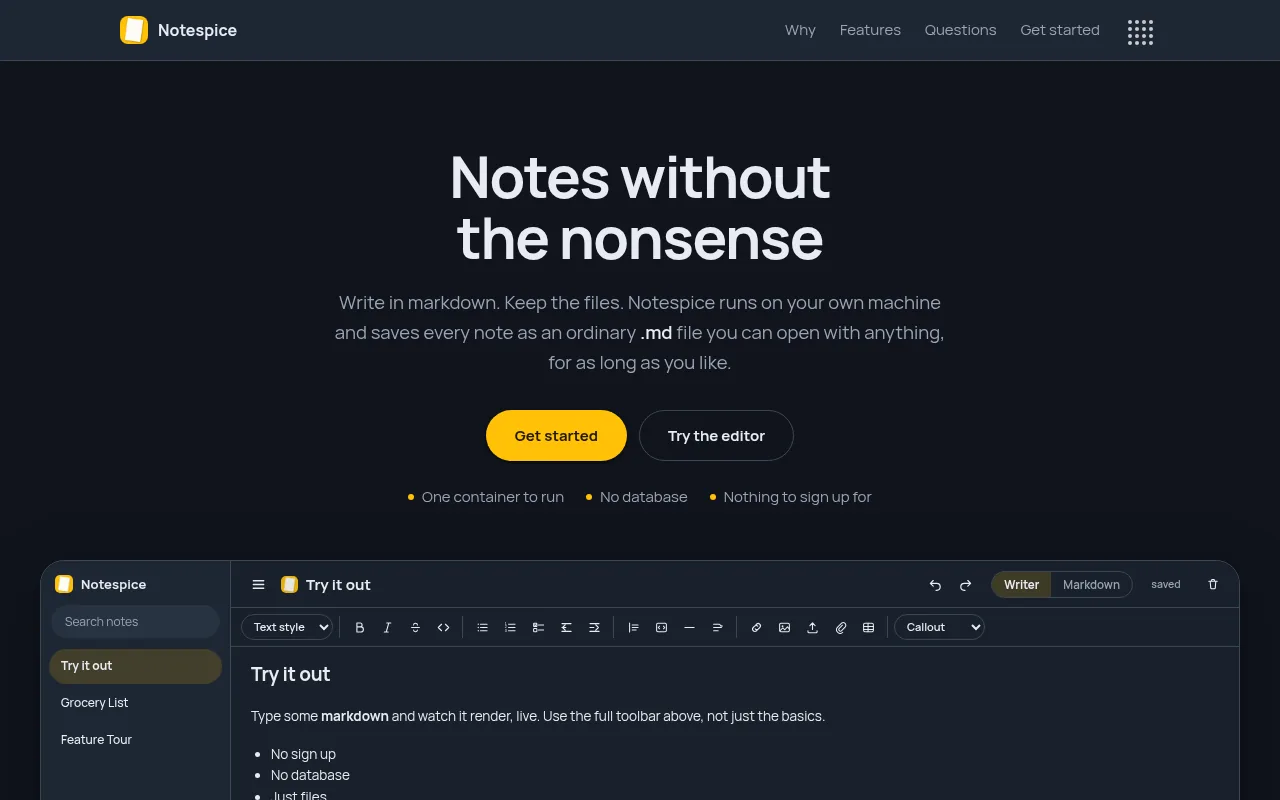 Notespice — self-hosted notes, every note a plain markdown file