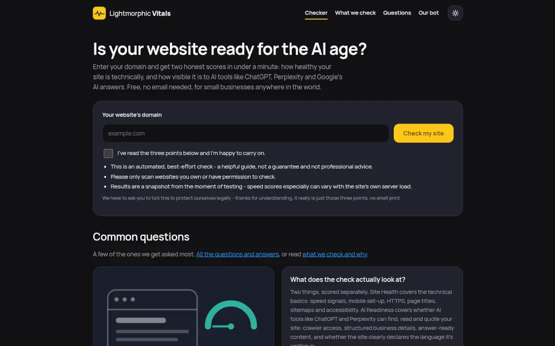 Buildmorphic Vitals — 'Is your website ready for the AI age?'