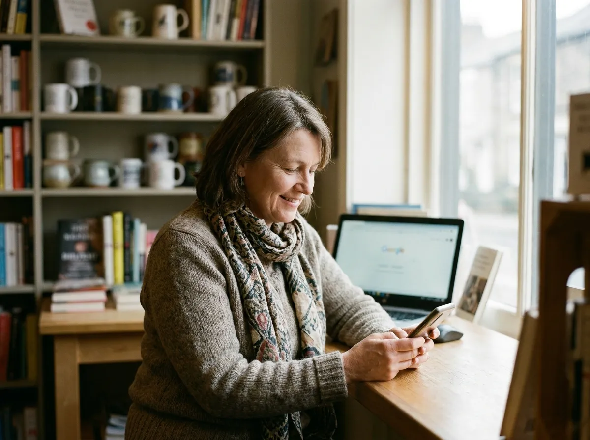 A bookshop owner at her counter, checking her phone with a laptop open beside her