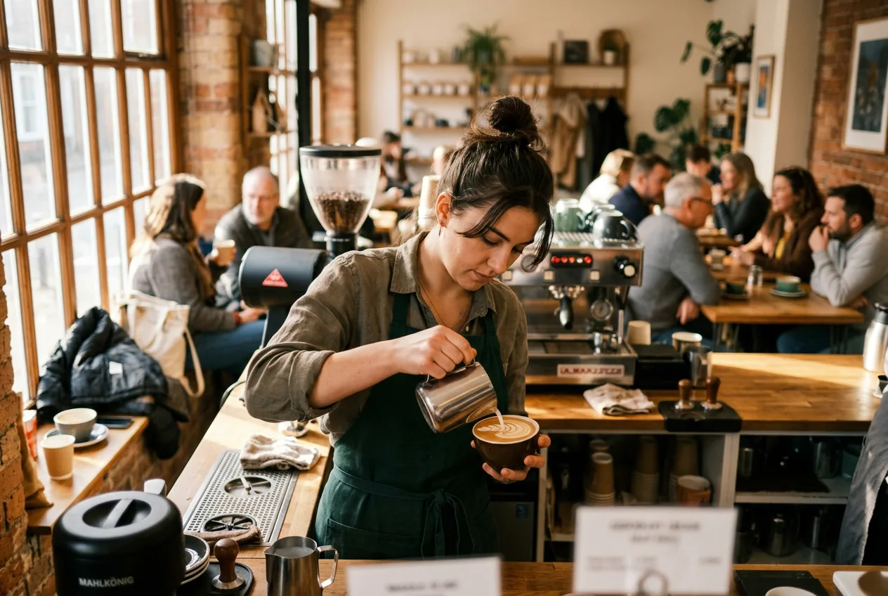 A barista pouring a flat white in a busy independent coffee shop