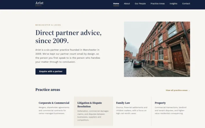 Arist, a six-partner law practice — homepage built by Sitemorphic